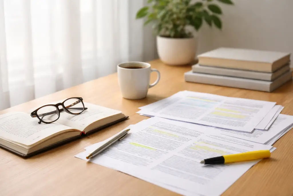 cozy study space with notebook and coffee